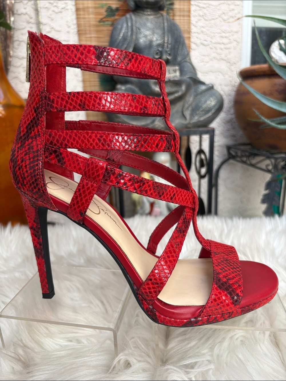 Jessica Simpson Red Snake-Print Strappy Stiletto Sandal